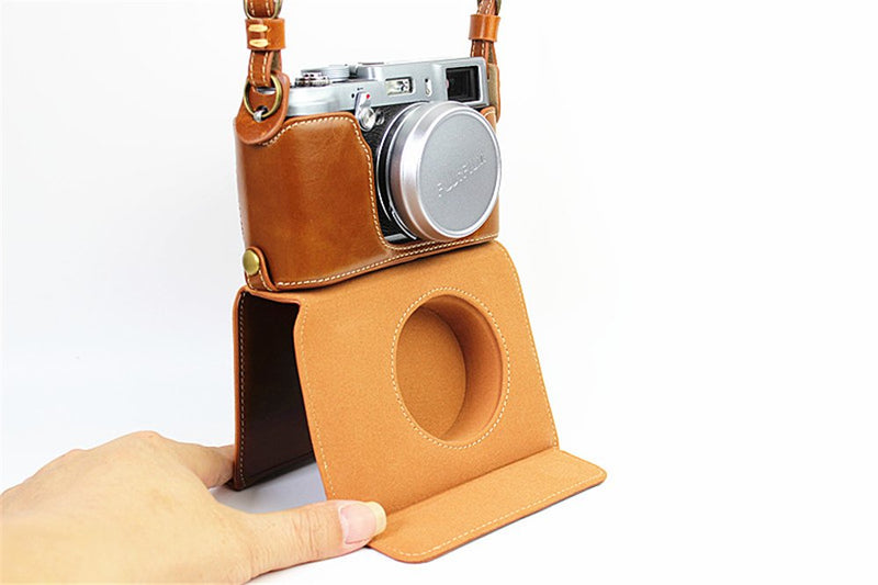 X100 Case, BolinUS Handmade PU Leather Fullbody Camera Case Bag Cover for Fujifilm Fuji X100 X100S X100T Bottom Opening Version + Neck Strap -Brown Brown