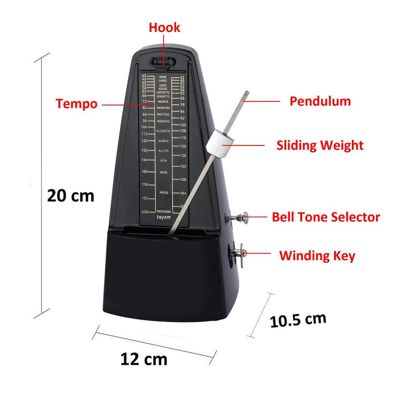 Rayzm Mechanical Metronome with High Precision for All Kinds of Musical Instruments (Piano/Drum/Violin/Guitar/Bass & Wind Instruments), Audible Click & Bell Ring, Traditional Pyramid Style