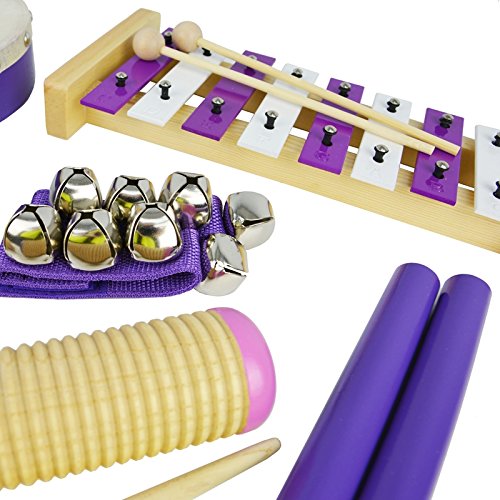 A-Star 8 Piece Children's Percussion Set with Storage Carry Bag, Educational Wooden Plastic Metal Musical Instruments for Kids - Purple Theme 6 Piece percussion pack