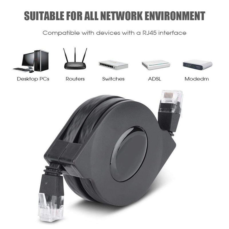 Demeras 1pc Ethernet Cable New 1m/2m Adjustable Retractable CAT6 RJ45 LAN Network Cable Cord for Modem Router, PC, Laptop, PS2 Black(2m)