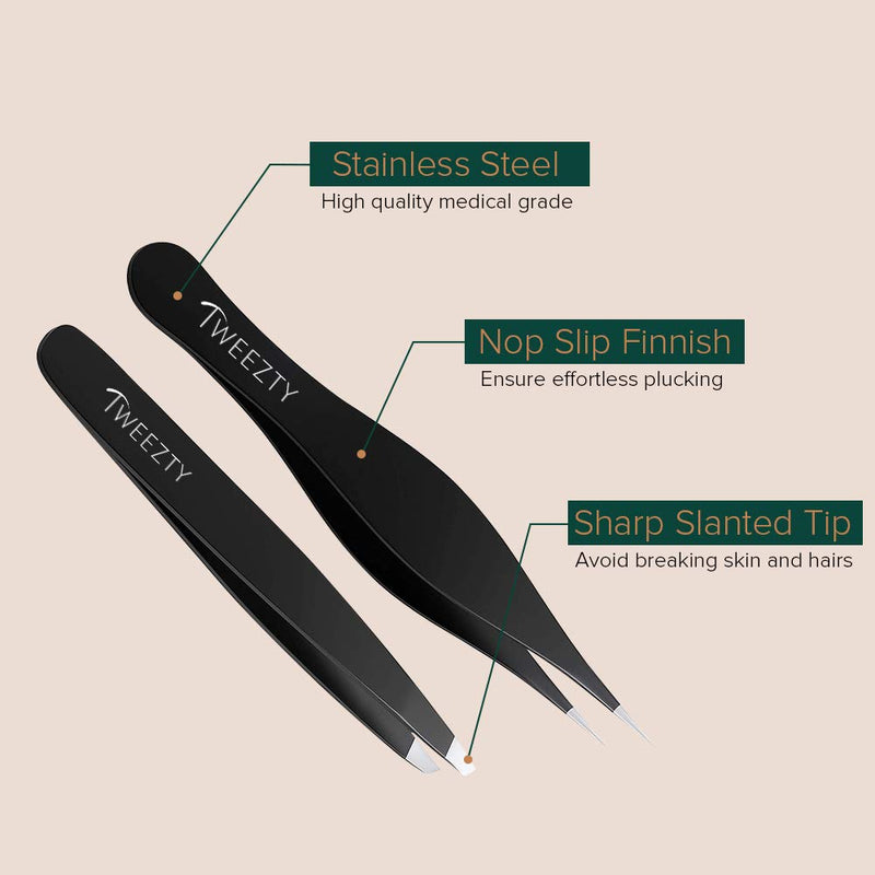 Tweezty Tweezer Set of Slanted Tweezers and Precision Tweezers - Stainless Steel Pointed Tweezers for Ingrown Hair, Eyebrow Plucking, and Blackhead and Splinter Removal Black