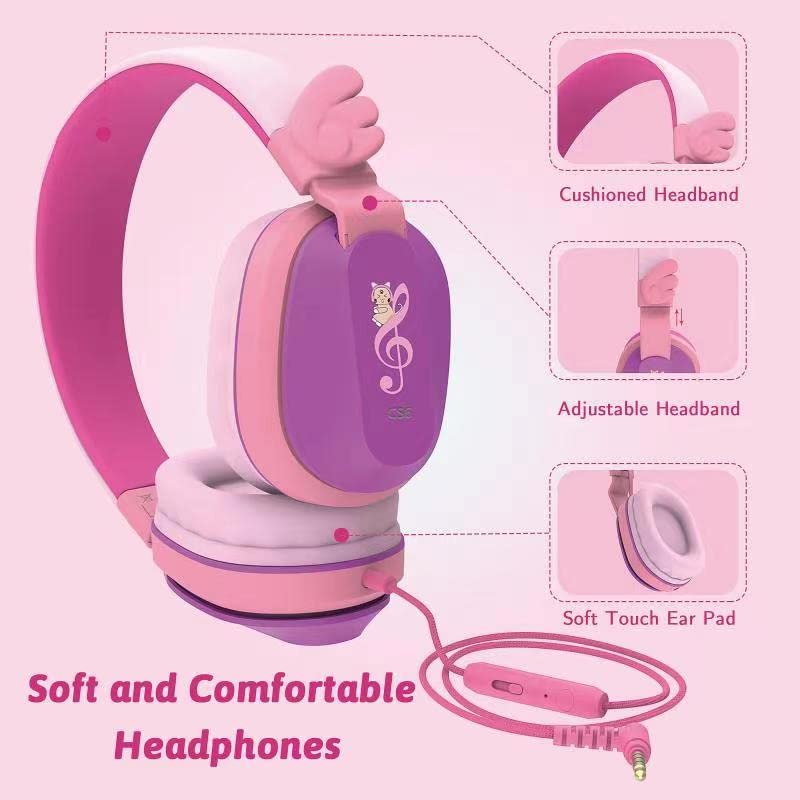 Riwbox Kids Headphones Wired,CS6 Stereo Sound Foldable Headphones for Kids Over Ear Toddler Headphones with Mic and Volume Control Compatible for Smartphones, PC and Tablets (Purple&Pink) Purple&Pink