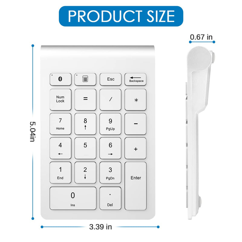 Foloda Bluetooth Wireless Number Pads: 22 Keys Wireless Financial Accounting Numeric Keypad, External 10 Key Numpad Numbers Keyboard for Laptop Computer Surface Pro Notebook Desktop Silver White