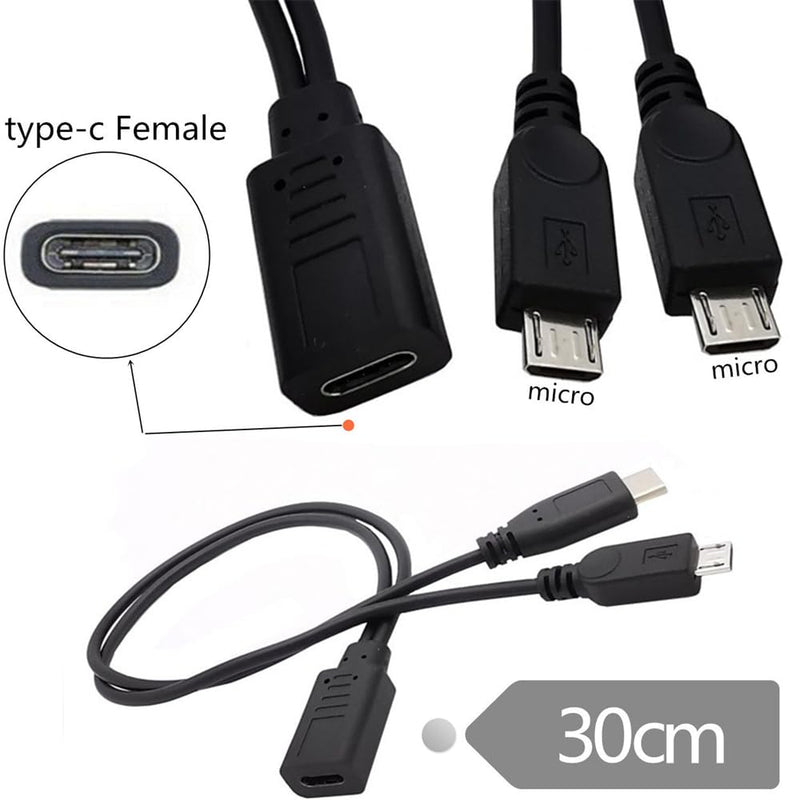 xiwai DC 5V Type-C USB-C Female to Dual Micro USB 5Pin Male Splitter Extension Charge Cable USB-C to MicroUSB Male+MicroUSB Male