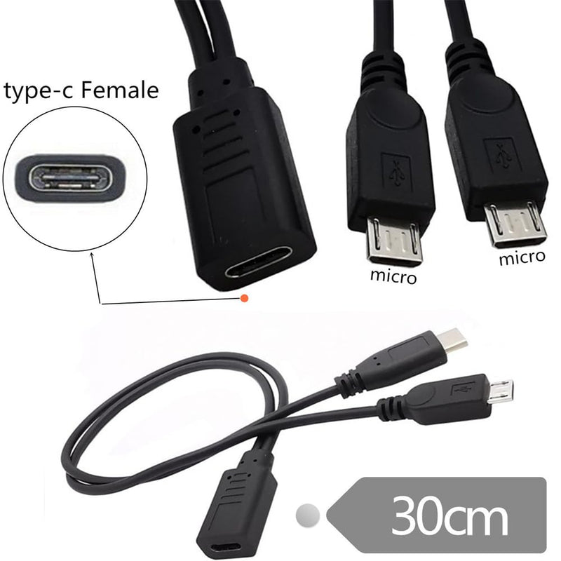cablecc Black DC 5V Type-C USB-C Female to 5Pin Dual Micro USB Male Splitter Extension Charge 32AWG Cable USB-C to MicroUSB+MicroUSB