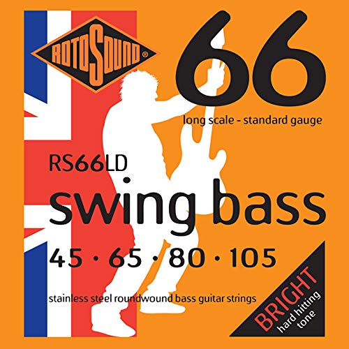 Rotosound Stainless Steel Standard Gauge Roundwound Bass Strings (45 65 80 105), RS66LD & R10-31 Electric Guitar Strings with Strap (Pack of 3) R10 Regular 10-46 + R10-31 Strings