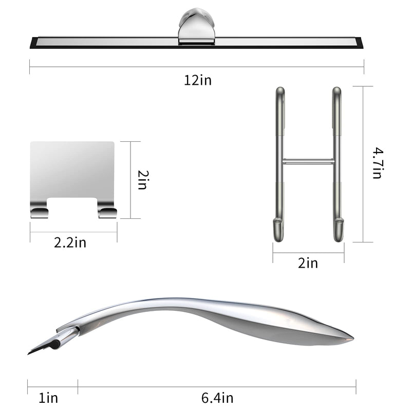 Shower Squeegee for Glass Door 12-Inch Stainless Steel Bathroom Squeegee Window Wiper, 100% Streak-Free, Includes Shower Door Hook and Adhesive Hook, for Window Mirror Tiles Car All-Purpose Squeegee Silver