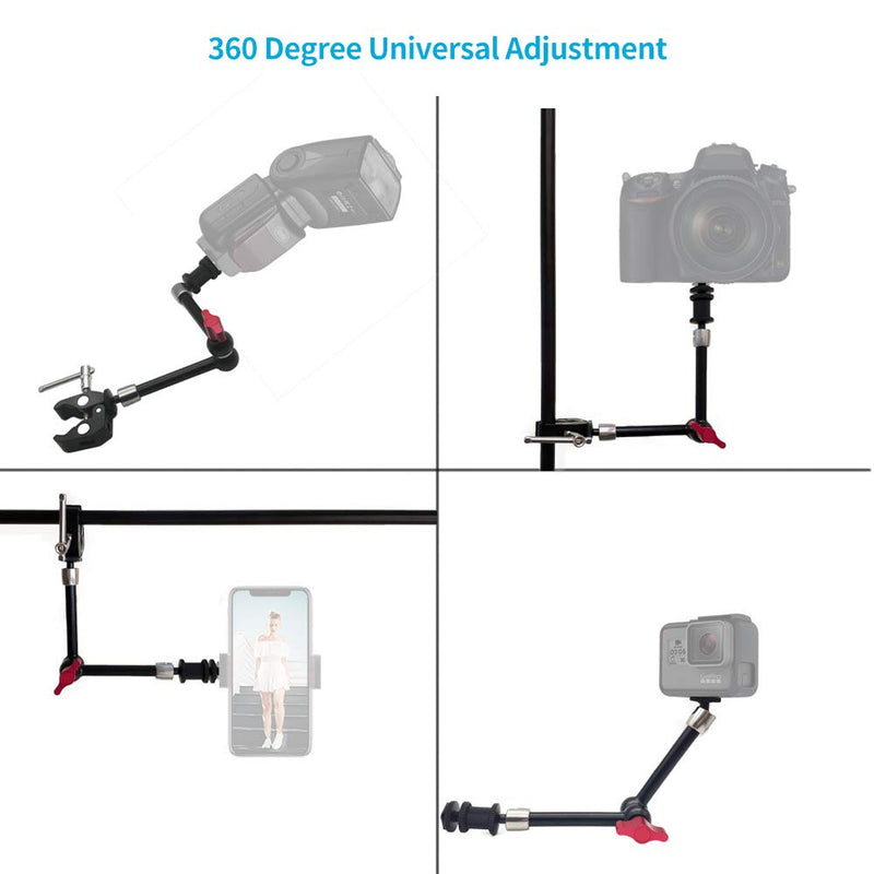 Hemmotop Magic Arm 11 Inch with Super Clamp Articulating Friction Arms for GoPro iPhone LCD Monitor Clamp Holder Mounts Kit Adjustable Black Red