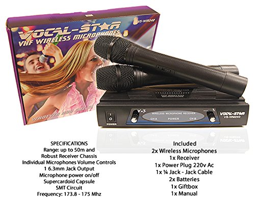 Vocal-Star 2 Wireless Microphones - Dual Pair of Handheld Microphones - VHF Quality Ideal For Singing Vocals PA DJ Karaoke WM-240