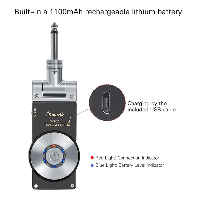 Amuzik 2.4G Guitar Wireless System Transmitter And Receiver 2.4GHZ Built-in Rechargeable Wireless Guitar System For Electric Guitar Bass