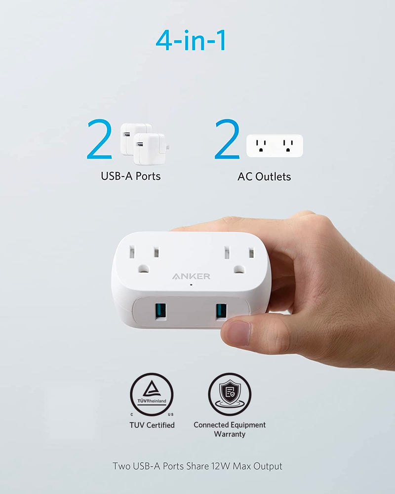 Anker Outlet Extender with USB Wall Plug, PowerExtend USB Plug 2 Mini Wall Charger with 2 Outlets, 2 USB Ports, and PowerIQ Technology, Compact for Travel, Desk, and Cruise Essentials