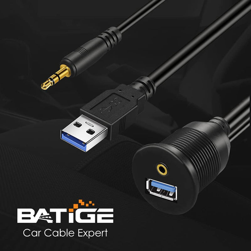 BATIGE USB 3.0 & 3.5mm Car Mount Flush Cable 3.5mm + USB3.0 AUX Extension Dash Panel Waterproof Mount Cable for Car Boat and Motorcycle - 3ft Classic 1pcs