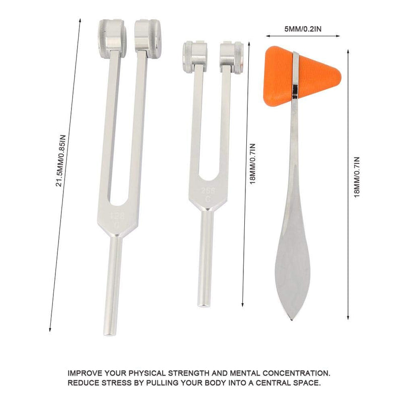 3pcs Tuning Fork, Aluminum Alloy Silver Neurological Tuning Fork and Percussion Hammer Set 128Hz+256Hz