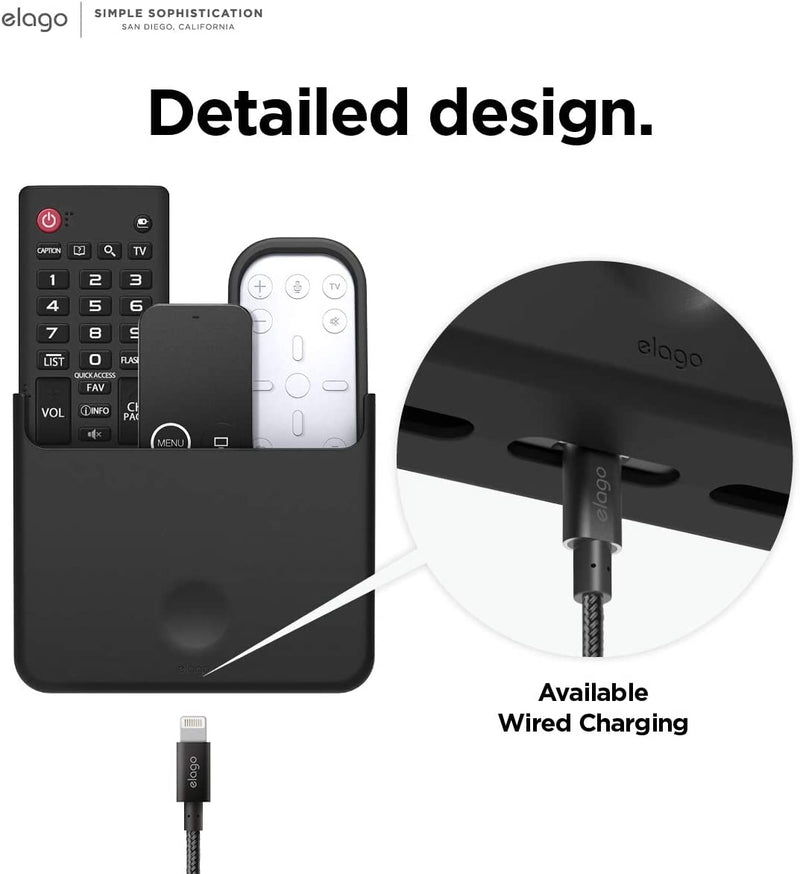 elago Universal Remote Holder Mount Compatible with Apple TV Remote and All Other Remote Controls - Adhesive Tape or Screw Mounting Options, Available Wired Charging [Large] [Black] Black