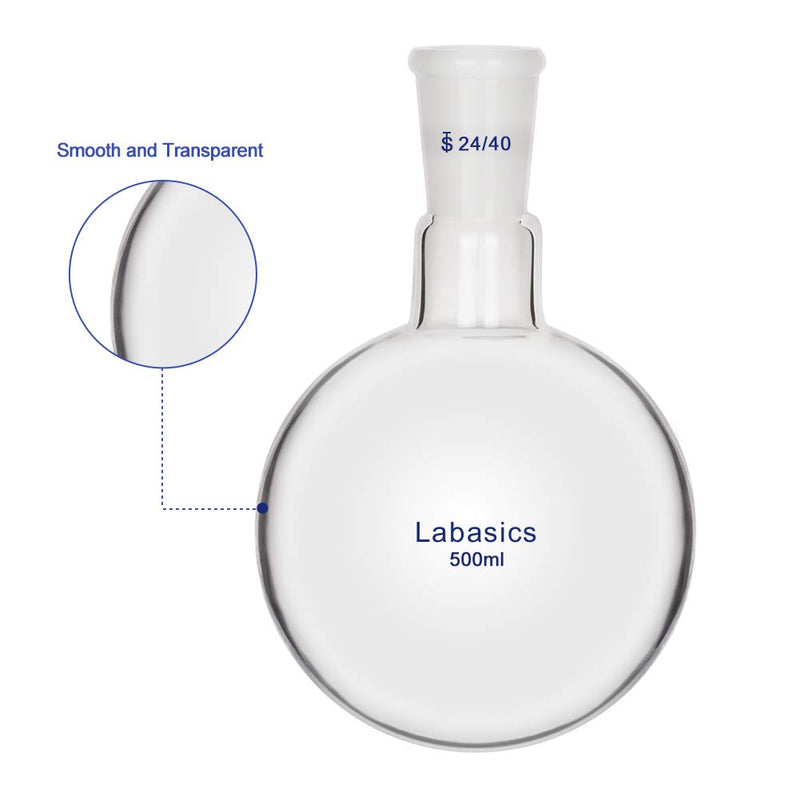 Labasics Glass 500ml Single Neck One Neck Round Bottom Flask RBF, with 24/40 Standard Taper Outer Joint, 500ml 500 ml