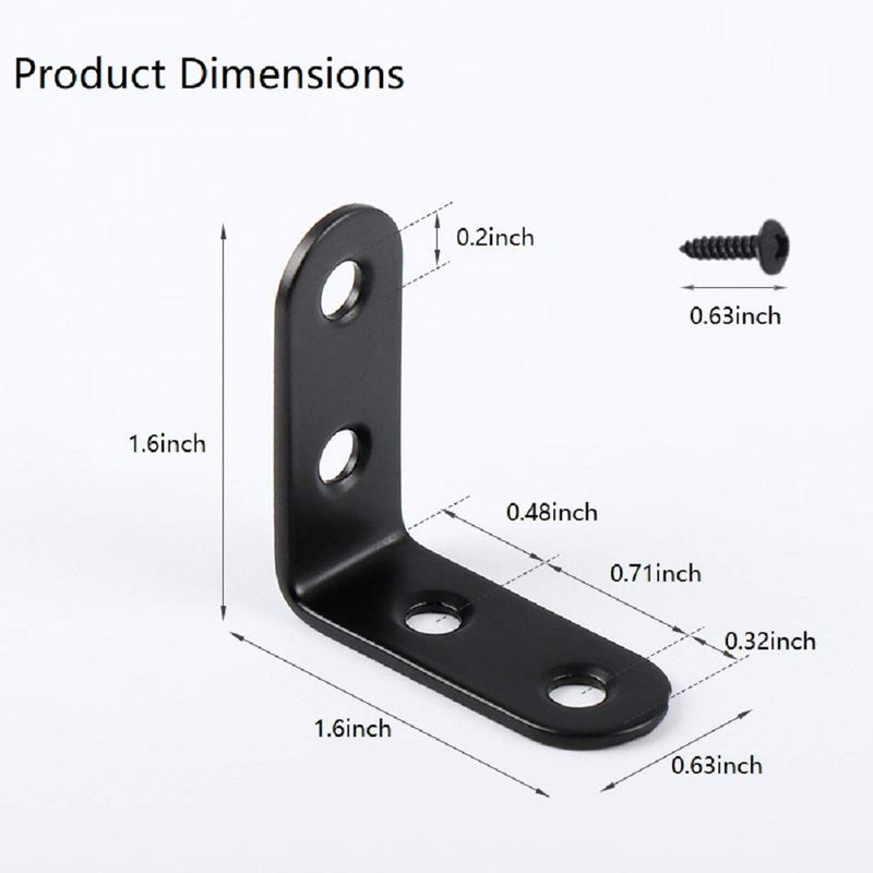L Bracket Corner Braces Joint Right Angle Bracket Fastener Support Shelf Brace with Screws for Furniture Repair Chairs Wooden Shelves DIY Black 16 Sets Elimeta (1.6inch) 1.6inch