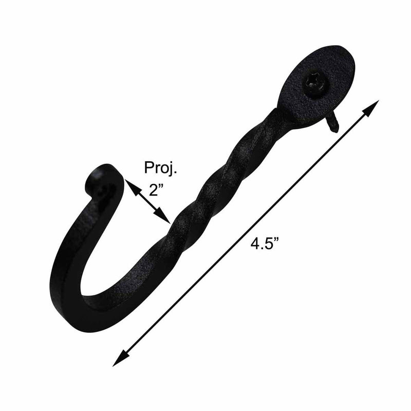 Renovators Supply Black Wrought Iron Twisted Hooks 4.5 Inches Wall Mount Hanger Hooks for Hanging Coat, Robe, Keys, Towel, Hat, Cloths Or Jewellery Powder Coat Finish Includes Mounting Hardware