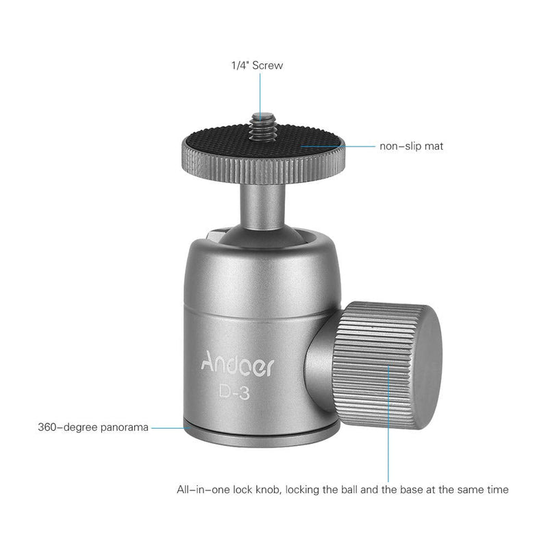 Andoer D-3 Mini Tripod Ball Head Aluminium Alloy Tripod Mount Ballhead with 1/4inch Srew 3/8inch Screw Hole 360° Rotating Panorama for Smartphones Cameras DSLR Max. Load 3kg