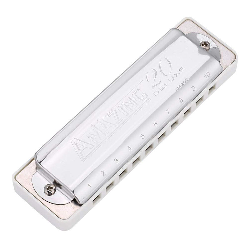 KONGSHENG AM-20D Key of C Phosphor Bronze Reed 10 Hole 20 Tone Blues Harmonica Suitable for Beginners, Kids and Adults.(white) white