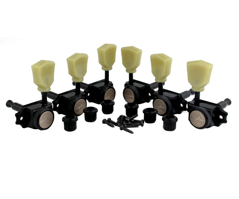 Guyker Locking Guitar Machine Heads (3R + 3L) – 1:15 Ratio Lock String Vintage Deluxe Tuning Key Pegs Tuners Set Replacement for Electric, Acoustic or Folk Guitars - Black Black - Yellow Green Handle