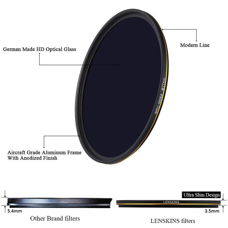 LENSKINS 77mm ND64 Filter, 6 Stop Neutral Density Filter for Camera Lenses, 16-Layer Multi-Resistant Coated, German Optics Glass, Weather-Seal ND Filter with Lens Cloth ND77