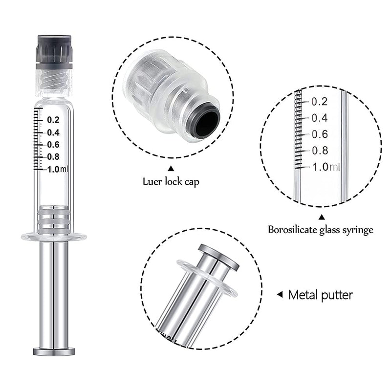1ml Reusable Glass Syringe-Luer lock metal Plunger & 14 Gauge-1/2" blunt tips needles metal liquid syringe with plastic tubes 5 Pack