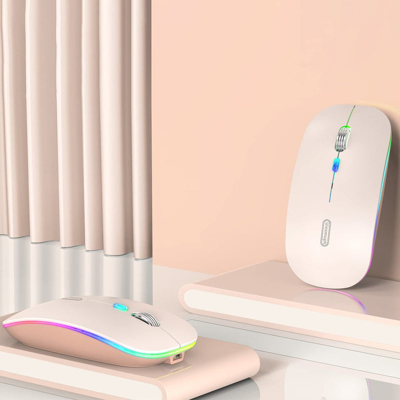 Uiosmuph LED Wireless Mouse, G12 Slim Rechargeable Wireless Silent Mouse, 2.4G Portable USB Optical Wireless Computer Mice with USB Receiver and Type C Adapter (Nude Pink) Nude Pink