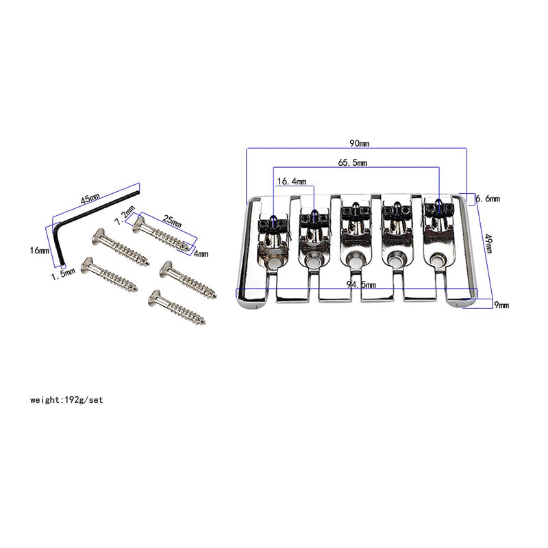 Alnicov 5 String Fixed Bridge for Electric Bass Guitar Parts Accessories Chrome