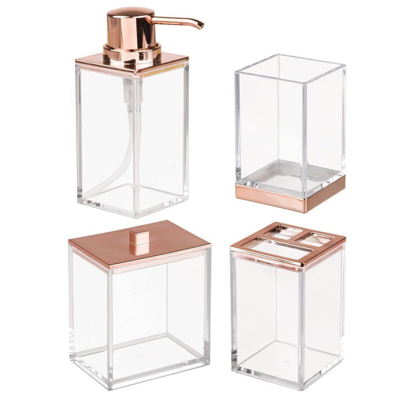 [AUSTRALIA] - mDesign Plastic Bathroom Storage Jars, Vanity Decor Accessory, Countertop Organizers; Soap Dispenser, Toothbrush Holder, Toothpaste Caddy, Rinsing Cup; Lumiere Collection - Set of 4 - Clear/Rose Gold 