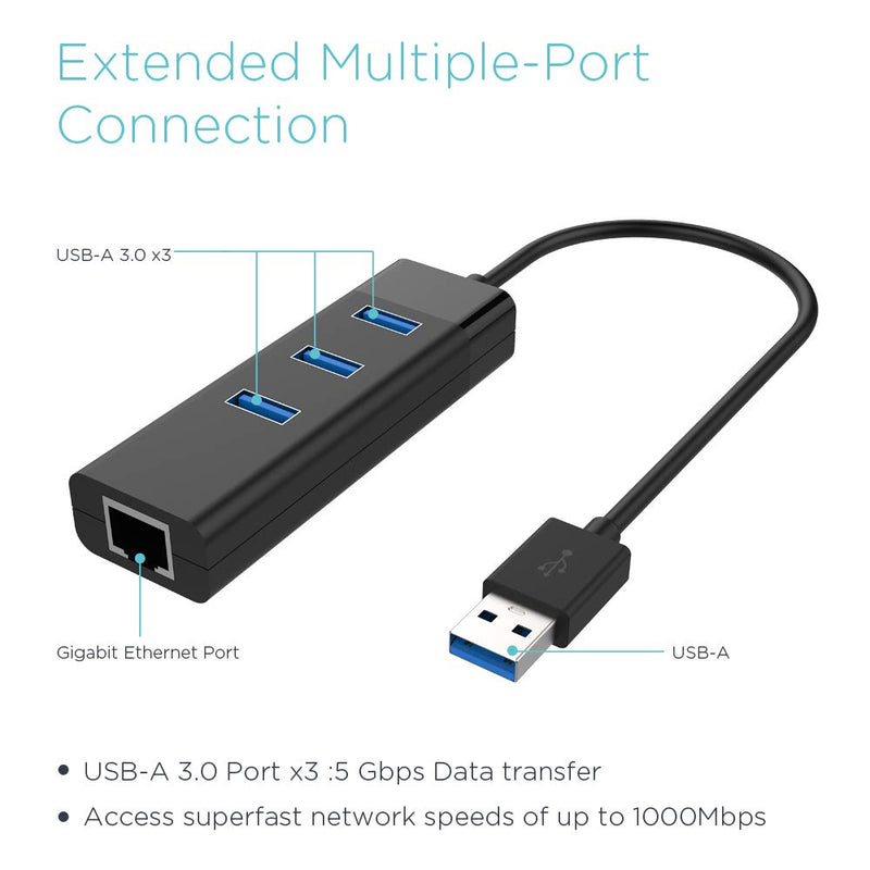 Keymox USB 3.0 to 3-Port USB 3.0 and 1-Port Gigabit Ethernet Hub with 0.15m Extended Cable, Supporting 10/100/1000 Mbps Ethernet Network, Black