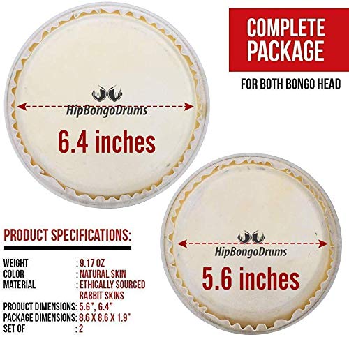 Hip Bongo Drums Bongo Heads Replacement Pack 5.6" and 6.4", Percussion Instruments Skin with Natural Ethically Sourced Rabbit Skin Hides, Instruction Installation Provided