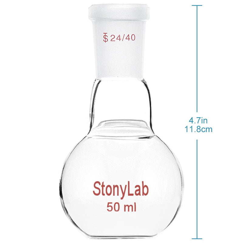 StonyLab Glass 50ml Heavy Wall Single Neck Flat Bottom Boiling Flask, with 24/40 Standard Taper Outer Joint, 50ml 50 mL