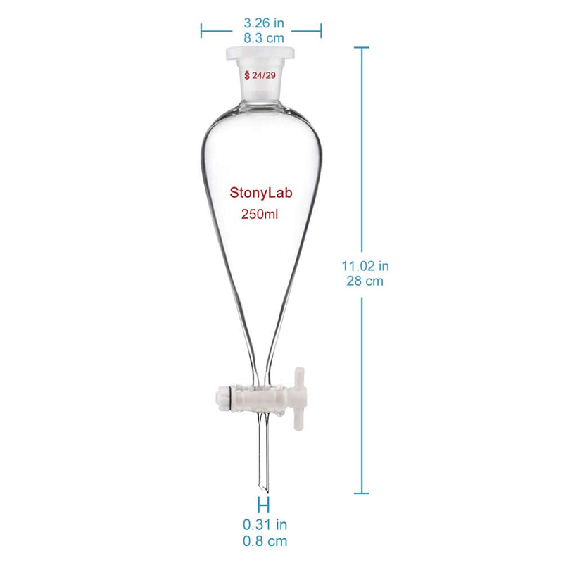 StonyLab Borosilicate Glass 250ml Heavy Wall Conical Separatory Funnel with 24/29 Joints and PTFE Stopcock - 250ml 250 mL