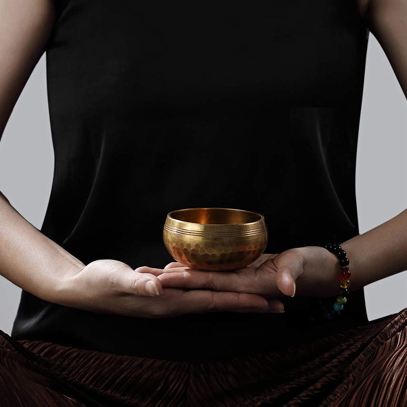 Innovahome Handmade Palm-Size 3.2 inches Tibetan Spiritual Healing Meditation Yoga Singing Brass Bowl Set ~with a Handmade Green Crystal 3.2 inch golden-red