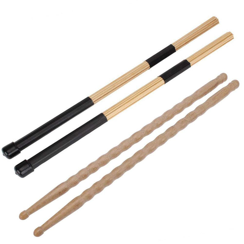 Liyafy Total 2 Pairs Bamboo Drums Sticks + Drum Brushes Set Jazz Folk Drumsticks Drum Accessories with Portable Storage Bag