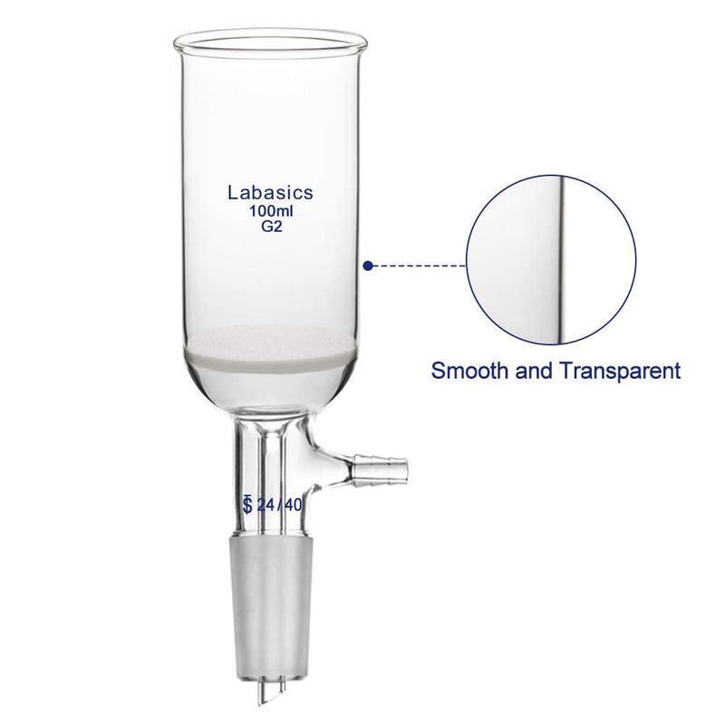 Labasics Borosilicate Glass Buchner Filtering Funnel 100ml with Medium Frit (G2), 46mm Inner Diameter, 80mm Depth, with 24/40 Standard Taper Inner Joint and Vacuum Serrated Tubulation (100ml) 100 ml