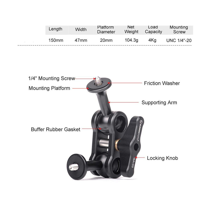 [AUSTRALIA] - SunwayFoto GA-02 Magic Arm, Supporting Mobile Phone Clamp, 8.8 lb Load Capacity 