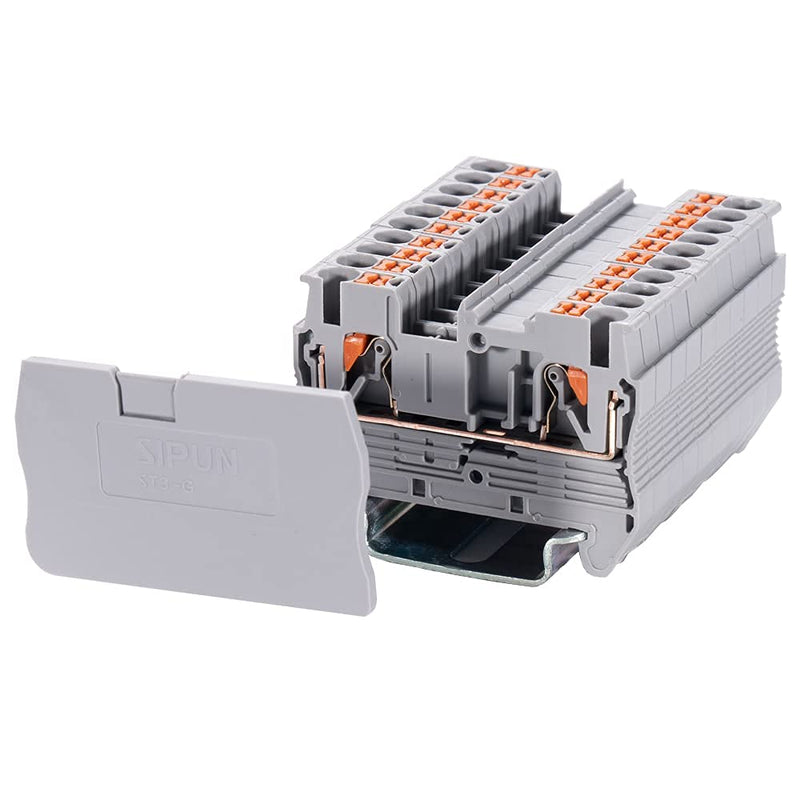 SIPUN ST2-2.5 Din Rail Terminal Block Spring Push in PT Type 2.5mm Screwless Wire Terminal 50 Pcs with Cover End Stop Jumper
