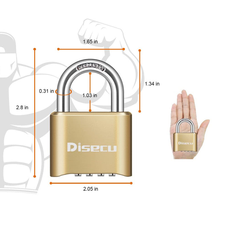 Disecu 2 Pack 4 Digit Heavy Duty Combination Lock 1.3 Inch Shackle Outdoor Waterproof Padlock for Case, Gate, Fence, School Gym Locker, Sports Locker (Brass) Brass