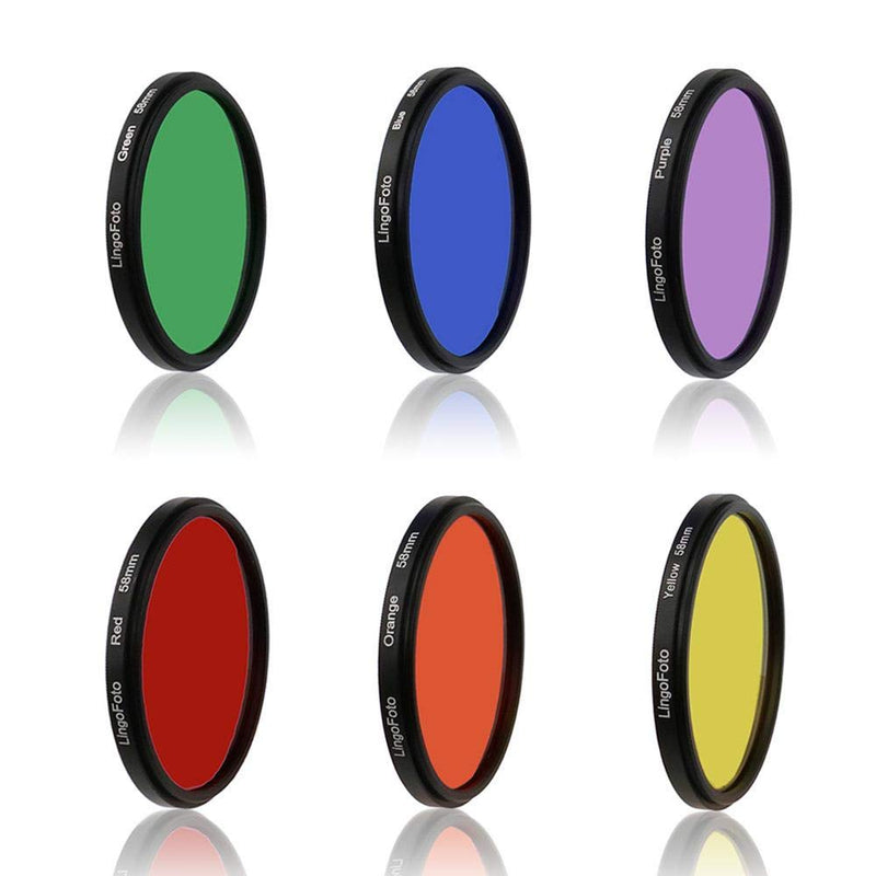 LingoFoto 6pcs Round Full Color Lens Filter Set Red Orange Yellow Green Blue Purple+ 6 Pockets Filter Pouch+3 Lens Cleaning Tool (55mm) 55mm
