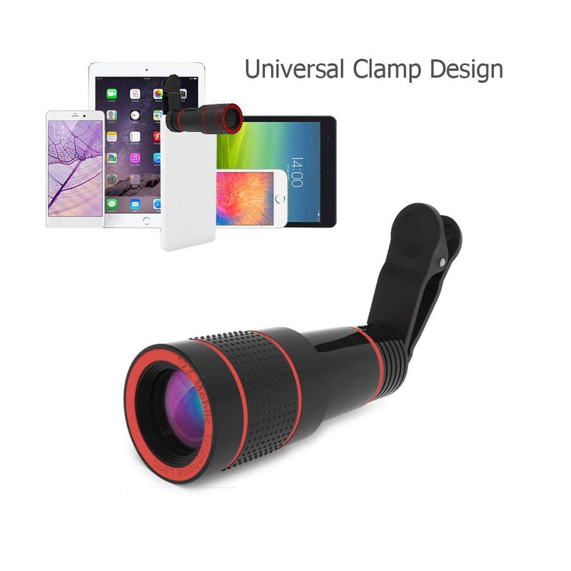 CamDesign HD Cell Phone Camera Lens 12x Optical Zoom Telephoto Lens Clip-On Smartphone Lens Compatible with iPhone X/8/7/6s/6 Plus/Samsung/Android/Tablet & Used as Monocular/Rubber Eyecup/Carry Bag