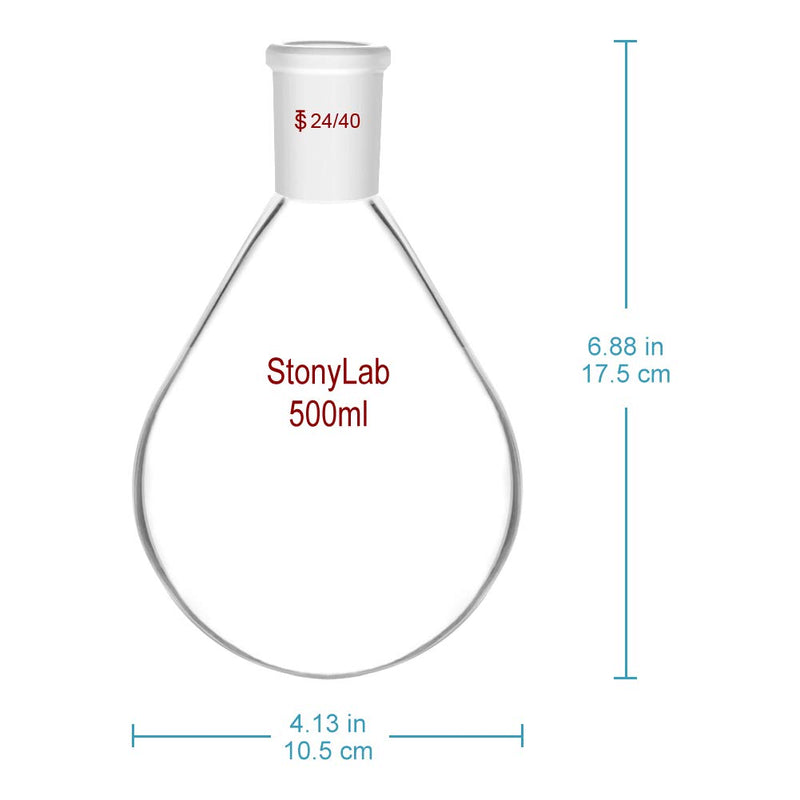 StonyLab Borosilicate Glass 500mL Heavy Wall Single Neck Recovery Flask Rotary Evaporator Flask, with 24/40 Outer Joint - 500mL 500 mL