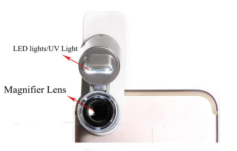 [AUSTRALIA] - 60X Magnifying Glass for Phone Clip-On Microscope Magnifier LED Light Micro Universal Lens with Clamp Jeweler Loupe Portable Pocket Size Magnifier for Mobile Phone Smartphone Camera 