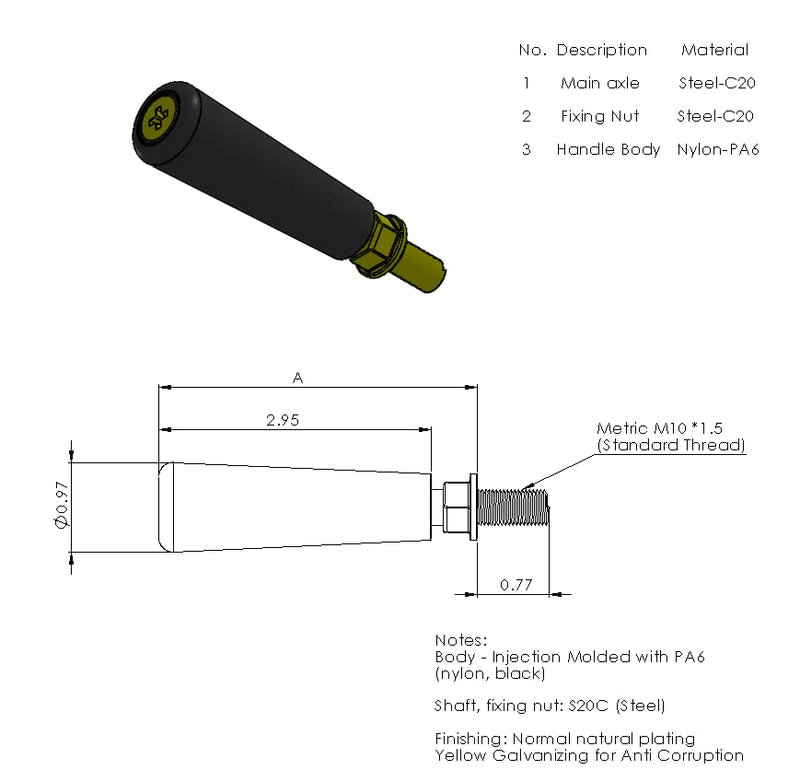 [Made in Korea] Revolving Hand Knob Handwheel with M10 P 1.5mm Male Threaded Stem for Machinery Parts M10 * 100 1EA