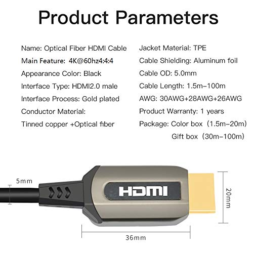 Jeirdus 33ft AOC HDMI Fiber Optic Cable Ultra HDR HDMI2.0b 18 Gbps,Support 4K60HZ ARC HDR10 HDCP2.2, Dolby Vision, Light Speed Slim and Flexible 32ft(10meters) Fiber HDMI cable