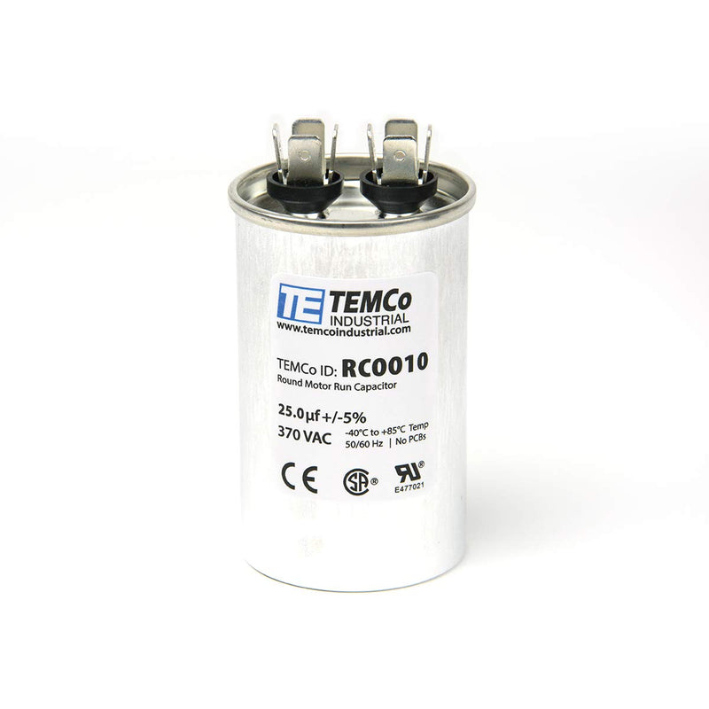 TEMCo 25 uf/MFD 370 VAC Volts Round Run Capacitor 50/60 Hz AC Electric - Lot -1 (Optional uf/MFD, Voltage and Lot Quantities Available) 25 uf (1 Pack)