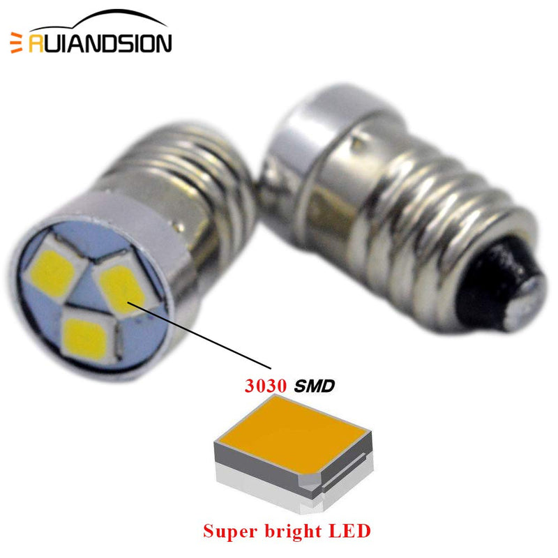 Ruiandsion 4pcs 3V 6V 12V E10 LED Bulb 3030 3SMD White LED Replacement Bulb Upgrade for Headlamps Flashlights Torch Light,Negative Earth (12V)