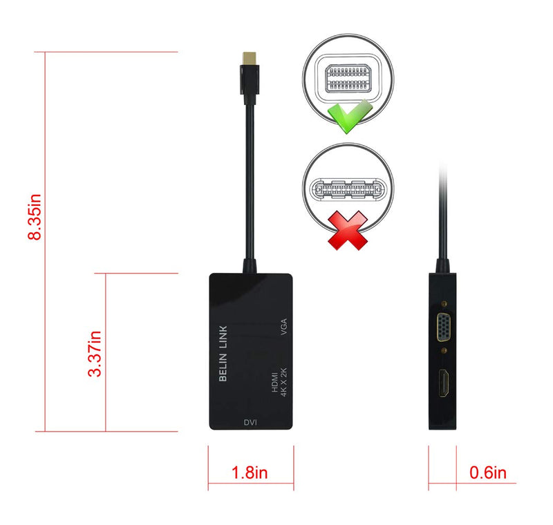 BELIN LINK Thunderbolt Mini dp to HDMI DVI VGA 3 in 1 Adapter-Simultaneous Display Gold-Plated Connector Video Adapter, for MacBook Pro mac Book air Surface pro (Mini DP Black) Mini DP black