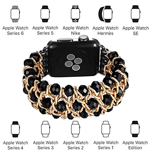fastgo Bracelet Compatible with Apple Watch Band 38mm 40mm Women, Stretchy Elastic Fancy Metal Chains Crystal Beaded Strap Cuff for Iwatch SE & Series 6 5 4 3 2 1, Black(Black-38mm40mm) Black-38mm 40mm