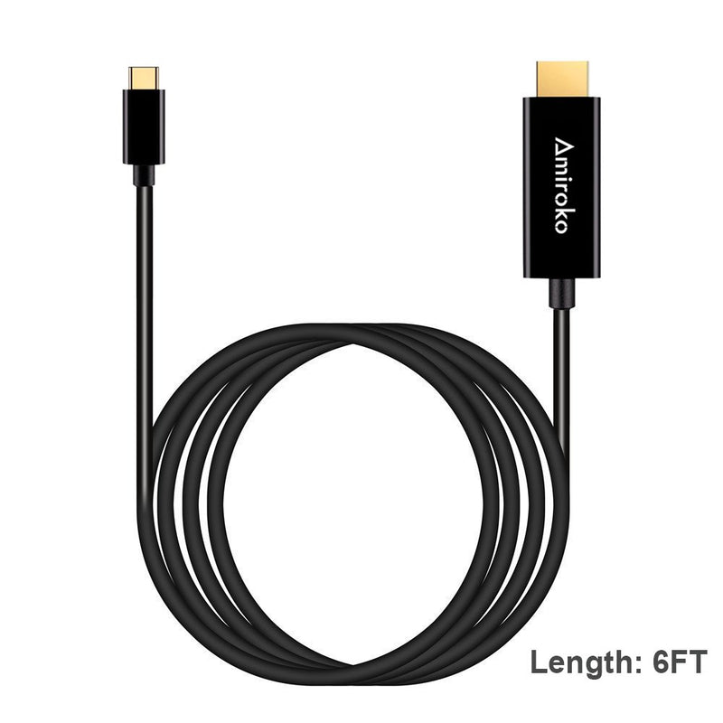 USB C to HDMI Cable 6FT, Amiroko USB 3.1 Type C (Thunderbolt 3 Compatible) to HDMI 4K Cable for MacBook Pro 2016, MacBook 12", Chromebook Pixel, Galaxy S8/S8+ etc to HDTV, Monitor, Projector Black